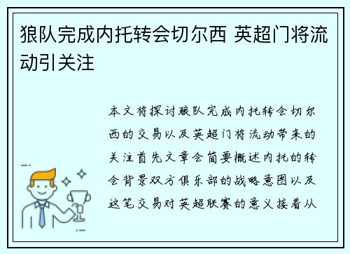 狼队完成内托转会切尔西 英超门将流动引关注