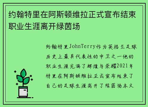 约翰特里在阿斯顿维拉正式宣布结束职业生涯离开绿茵场
